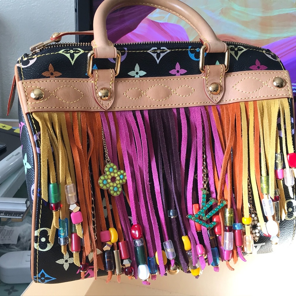 Murakami x Vuitton vintage fringe black multicolor speedy bag. EUC